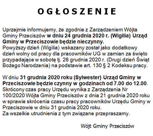 Ogłoszenie o pracy urzędu w Wigilię i Sylwestra